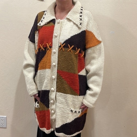 Hand Knit Alpaca Oversize Chunky Patchwork Cardigan ~Frontiers Scotland One Size - Picture 12 of 15